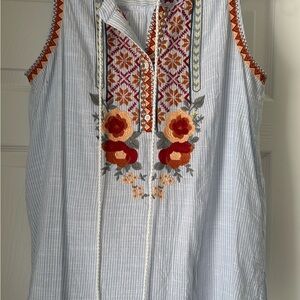 ANDREE BY UNIT White and Blue Embellished Tunic with Mandarin Collar
